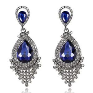 NEW Blue Crystal Vintage Style Bridal Drop Chandelier Statement Earrings